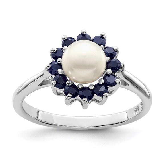 925 Sterling Silver 6mm FWC Button Pearl & Sapphire Sept. Birthstone Ring 6